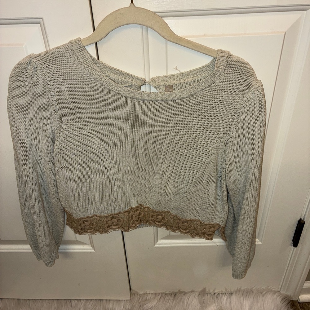Anthropolgie Beige Knit Sweater with Lace Trim Sz M